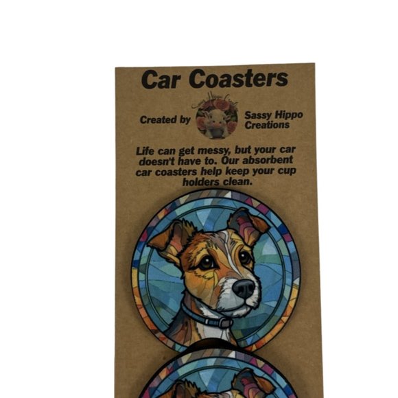 Car Coasters Jack Russel Terrier Dog Life Stained Glass Puppy Set of 2 Neoprene - Picture 7 of 9